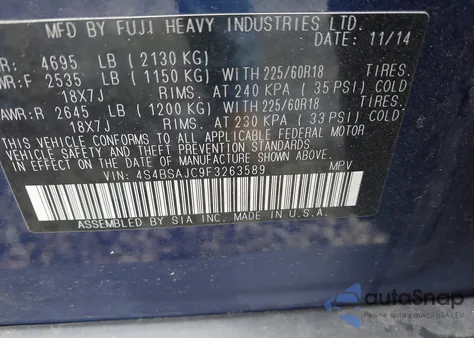 2015 Subaru Outback 2.5I Limited from USA, damaged, VIN 4S4BSAJC9F3263589